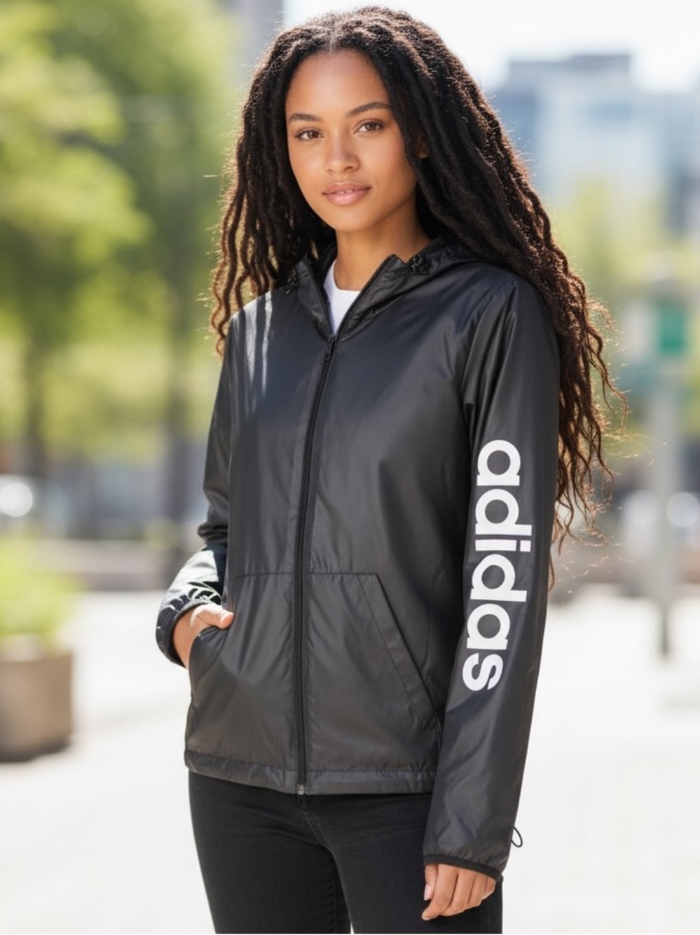 adidas Essentials Linear Women’s Black Hooded Windbreaker Jacket M